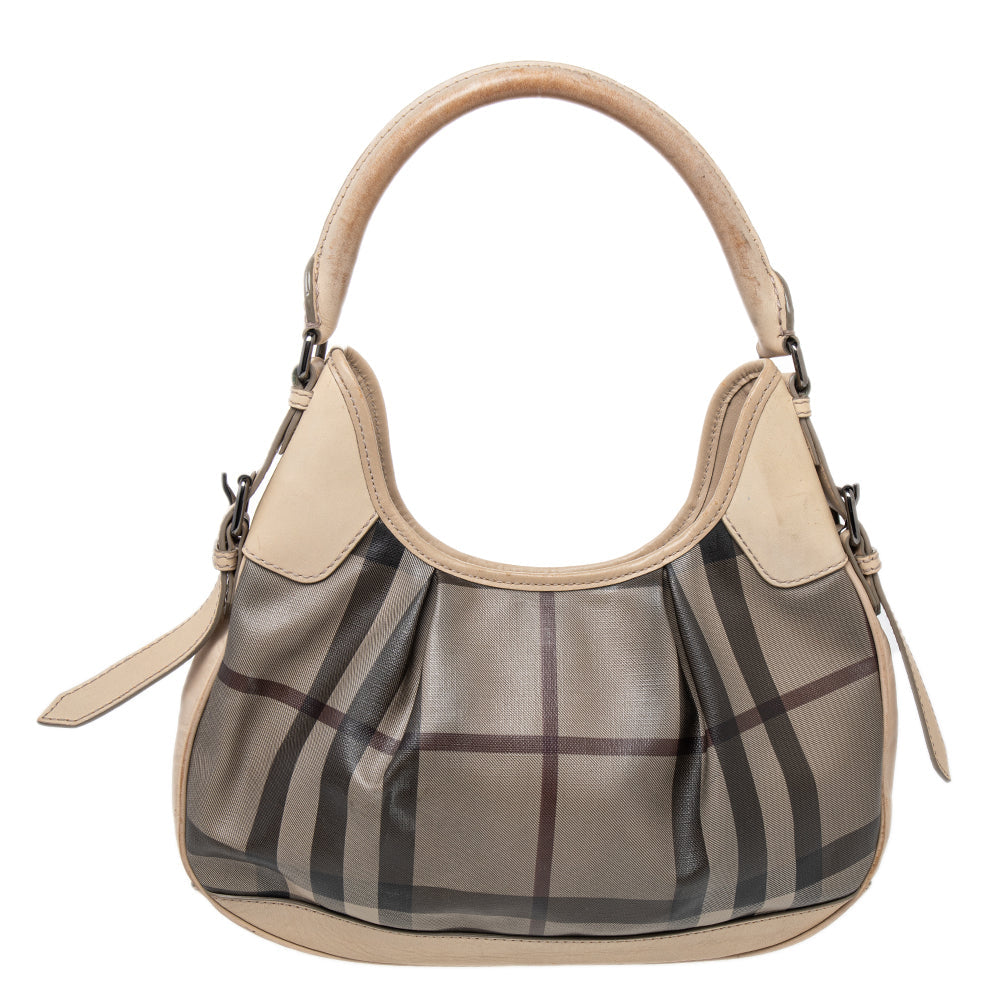 Burberry Beige Coated Canvas And Leather Small Brooklyn Hobo