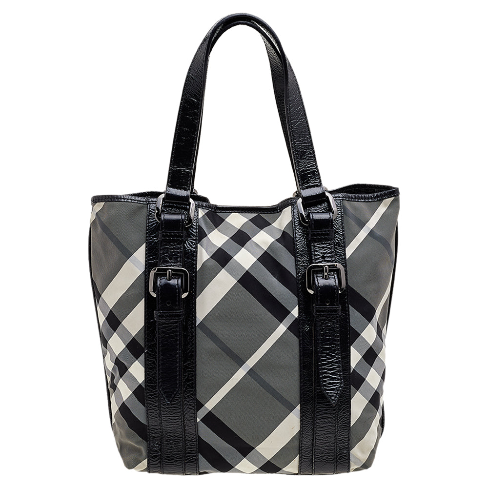 Burberry Black Beat Check Nylon And Patent Leather Lowry Tote