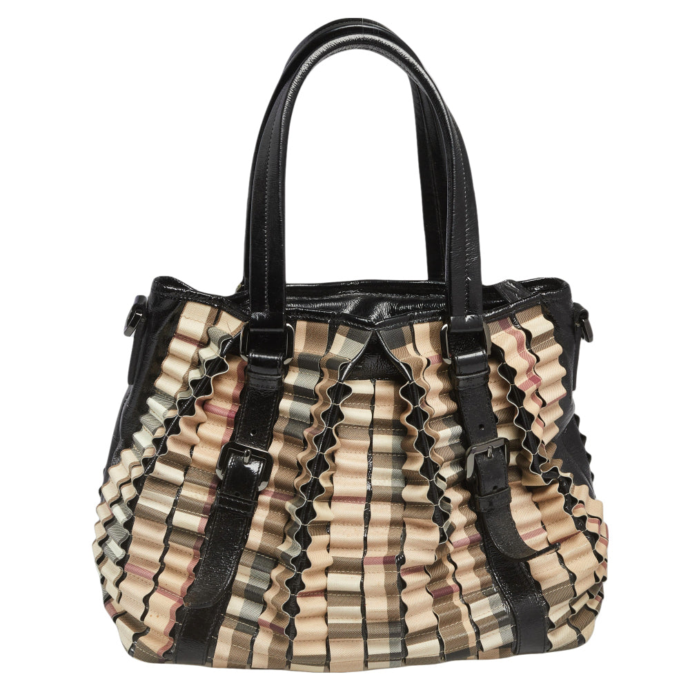 Burberry Black/Beige House Check PVC and Patent Leather Lowry Ruffled Tote