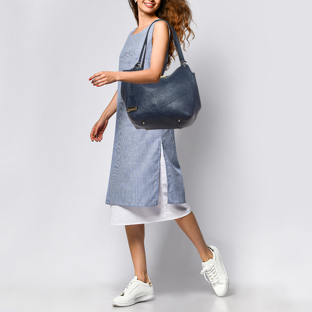 BURBERRY Navy Blue Embossed Leather Canterbury Tote