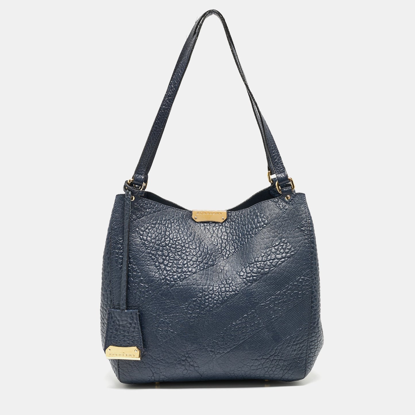 BURBERRY Navy Blue Embossed Leather Canterbury Tote