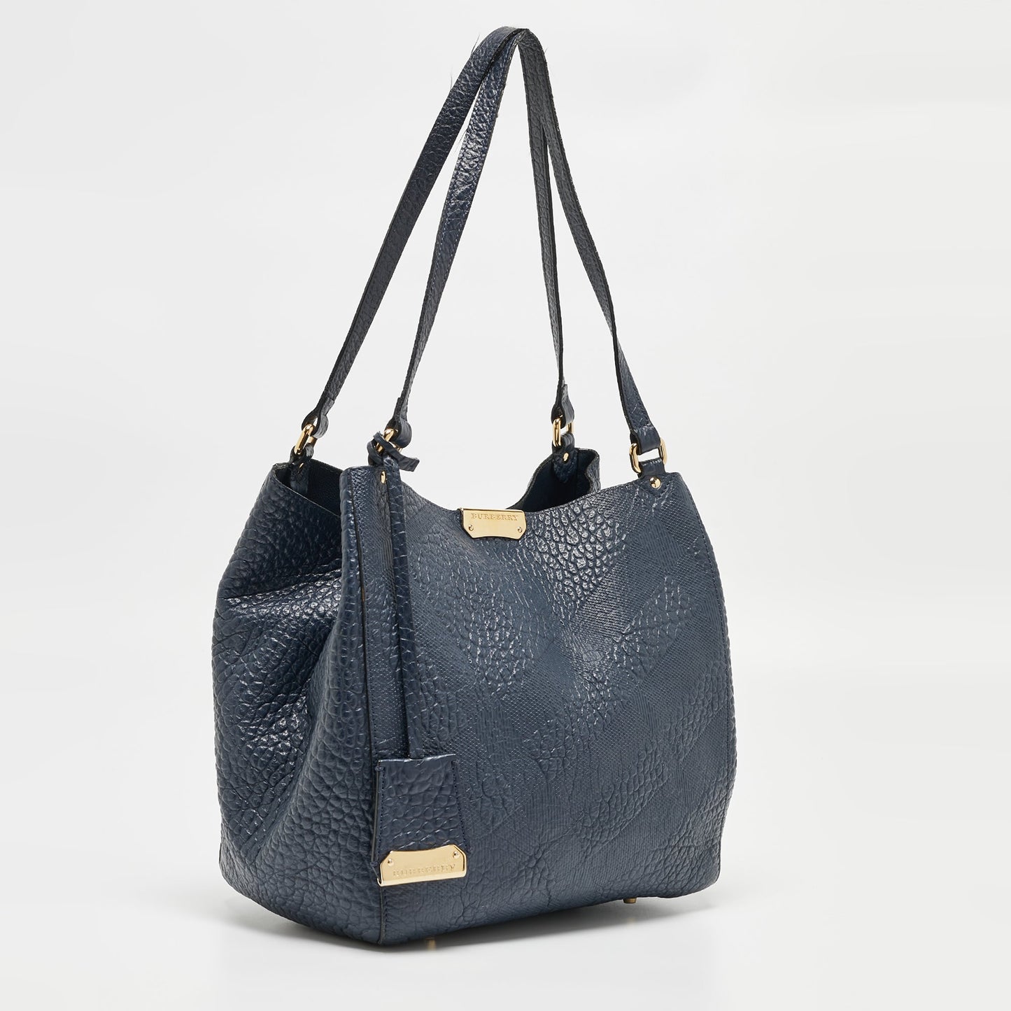 BURBERRY Navy Blue Embossed Leather Canterbury Tote
