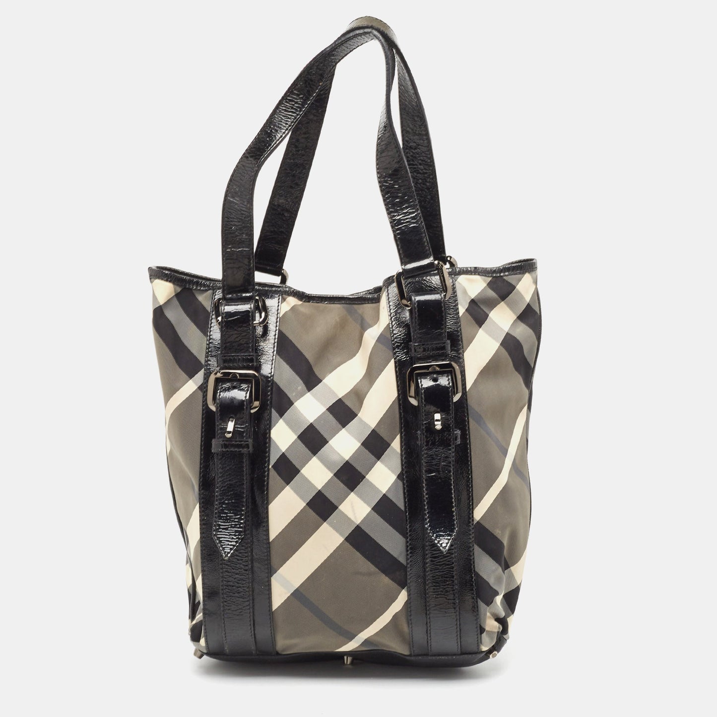 BURBERRY Black Beat Check Nylon and Patent Leather Victoria Tote