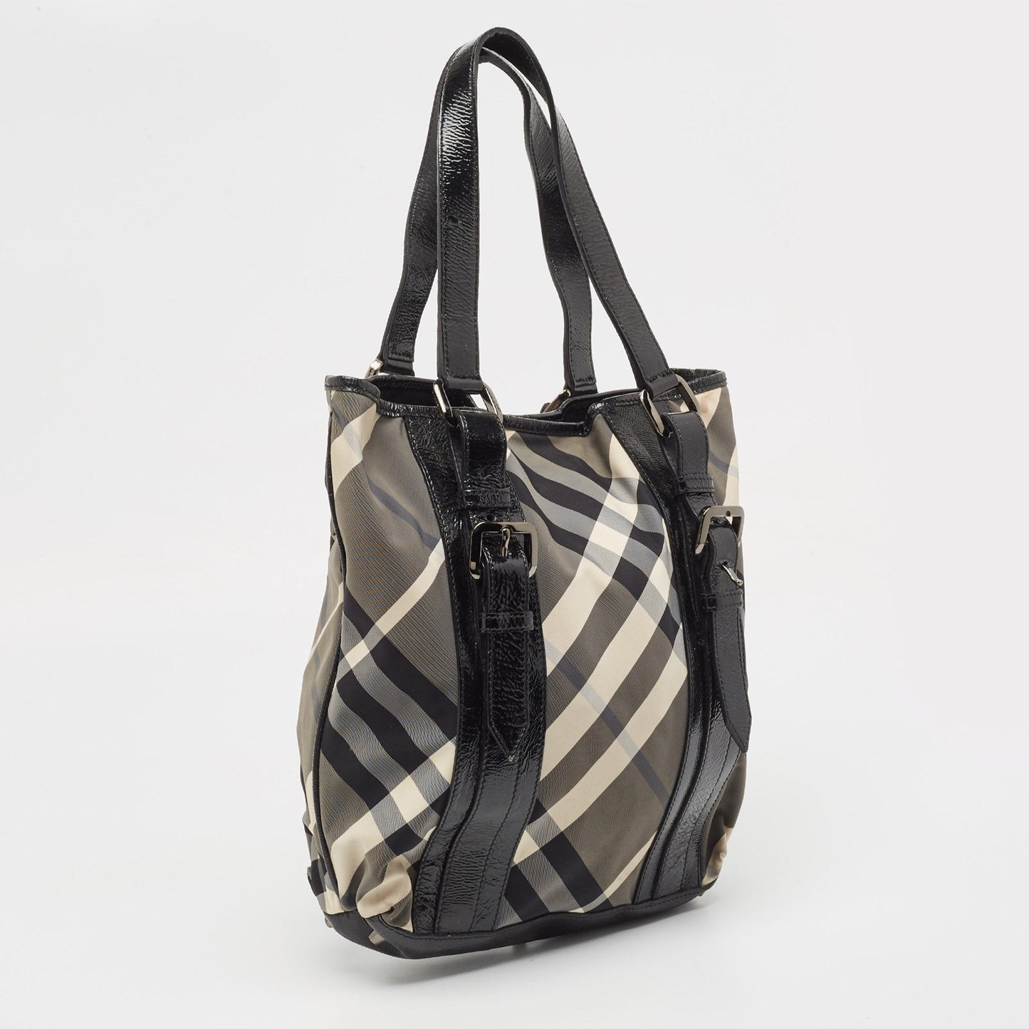 BURBERRY Black Beat Check Nylon and Patent Leather Victoria Tote