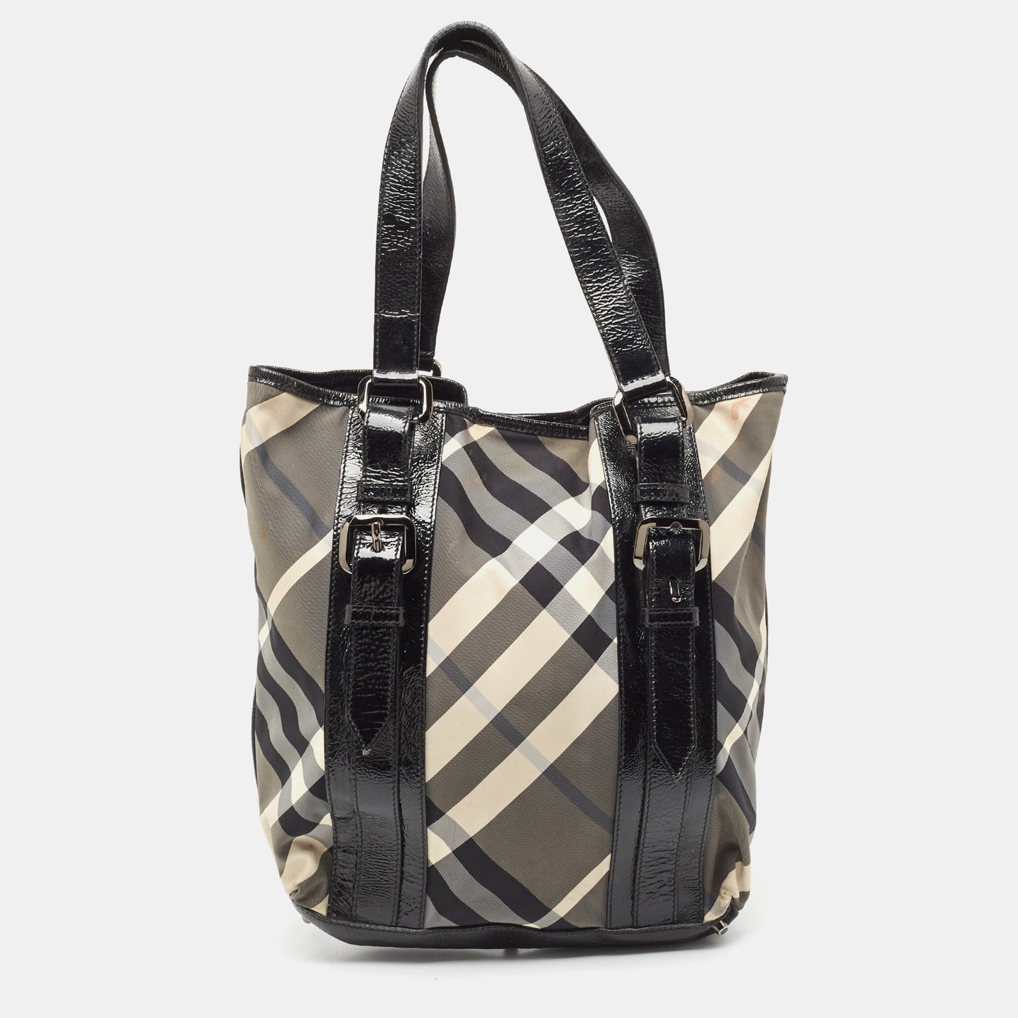 BURBERRY Black Beat Check Nylon and Patent Leather Victoria Tote