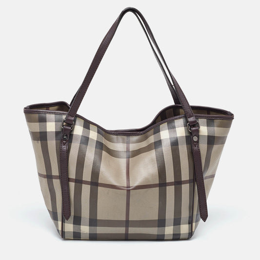 BURBERRY Smoked Check Coated Canvas and Leather Small Canterbury Tote
