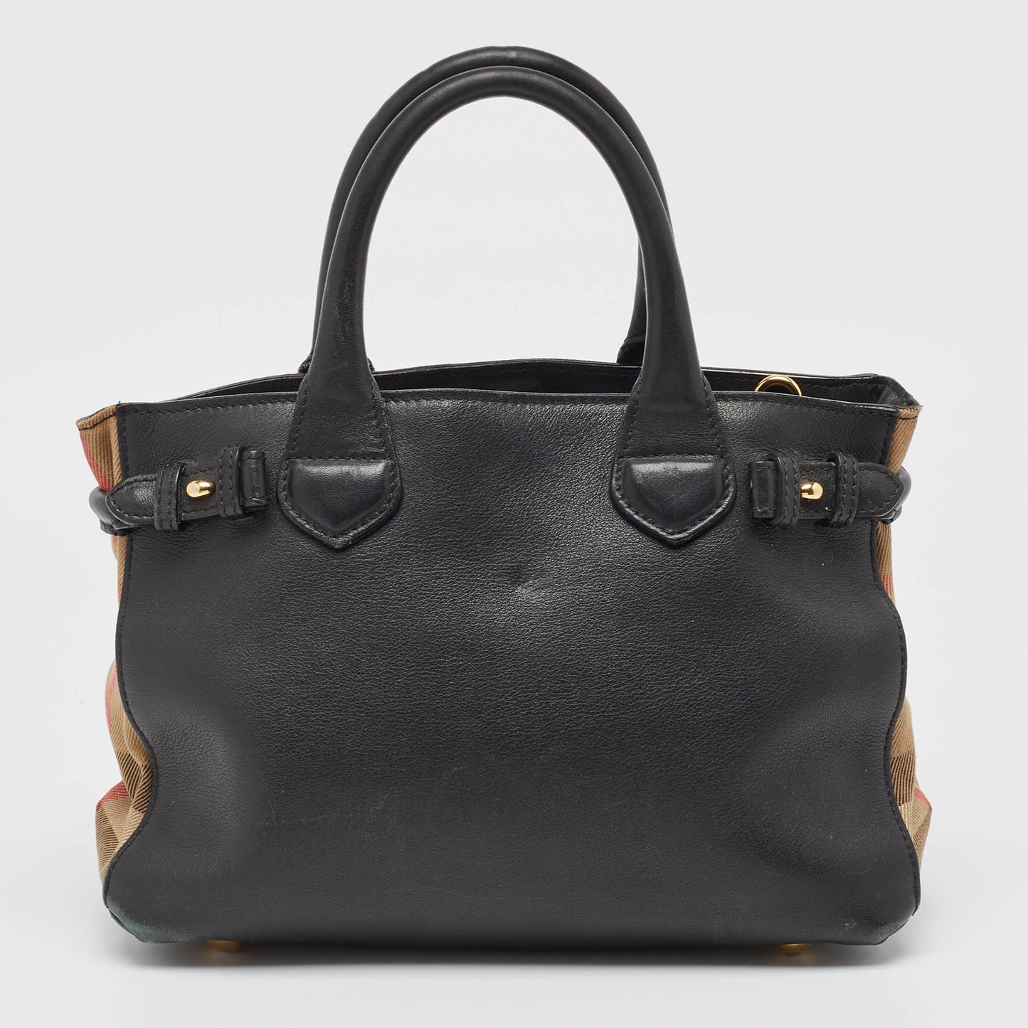 BURBERRY Black/Beige Leather and House Check Fabric Small Banner Tote