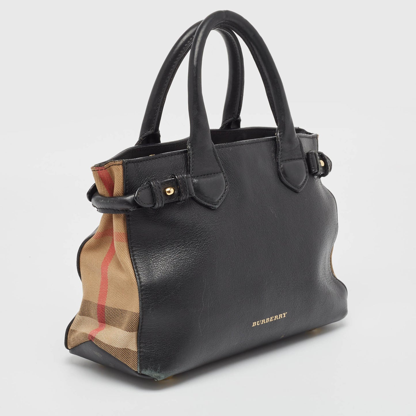 BURBERRY Black/Beige Leather and House Check Fabric Small Banner Tote