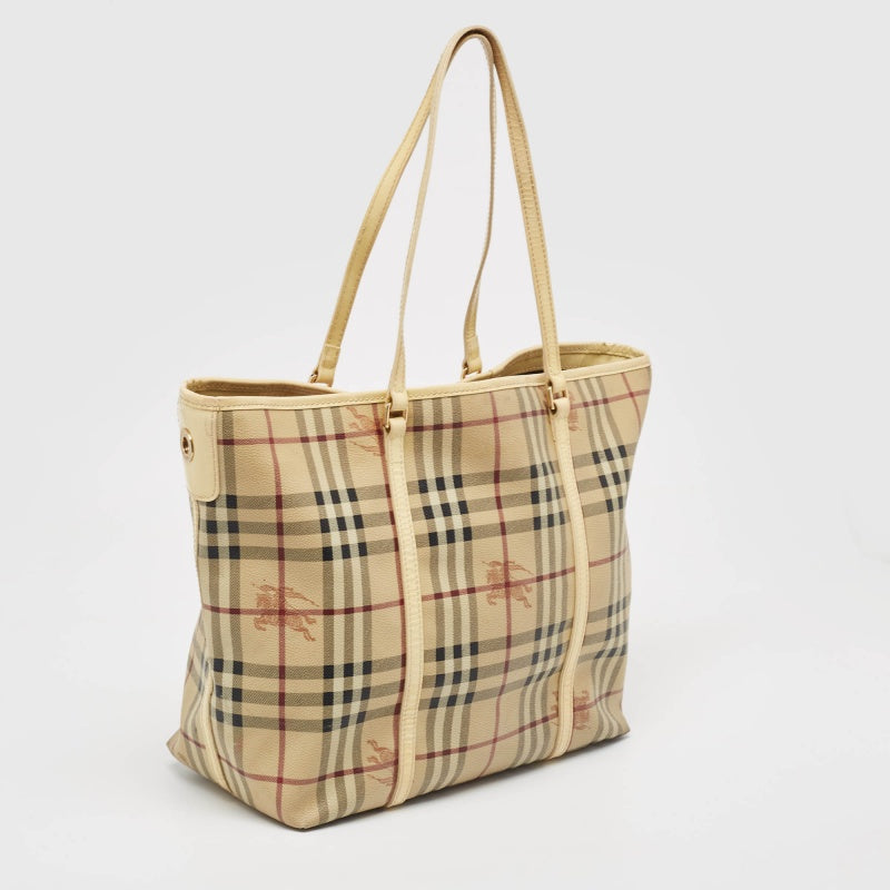 BURBERRY Light Yellow/Beige Haymarket PVC and Patent Leather Open Tote