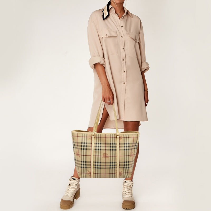 BURBERRY Light Yellow/Beige Haymarket PVC and Patent Leather Open Tote