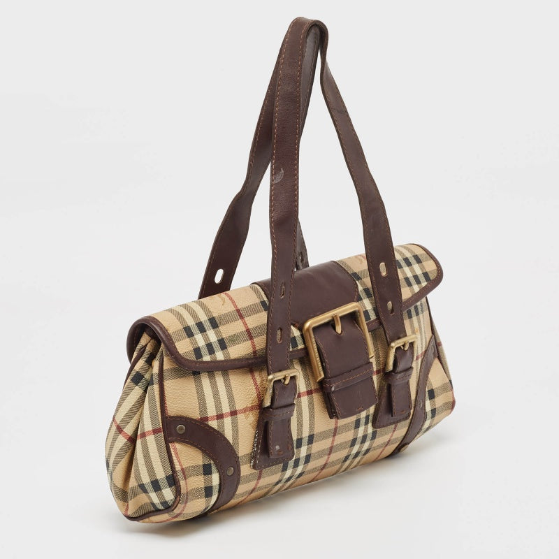 BURBERRY Brown/Beige House Check PVC and Leather Buckle Flap Bag