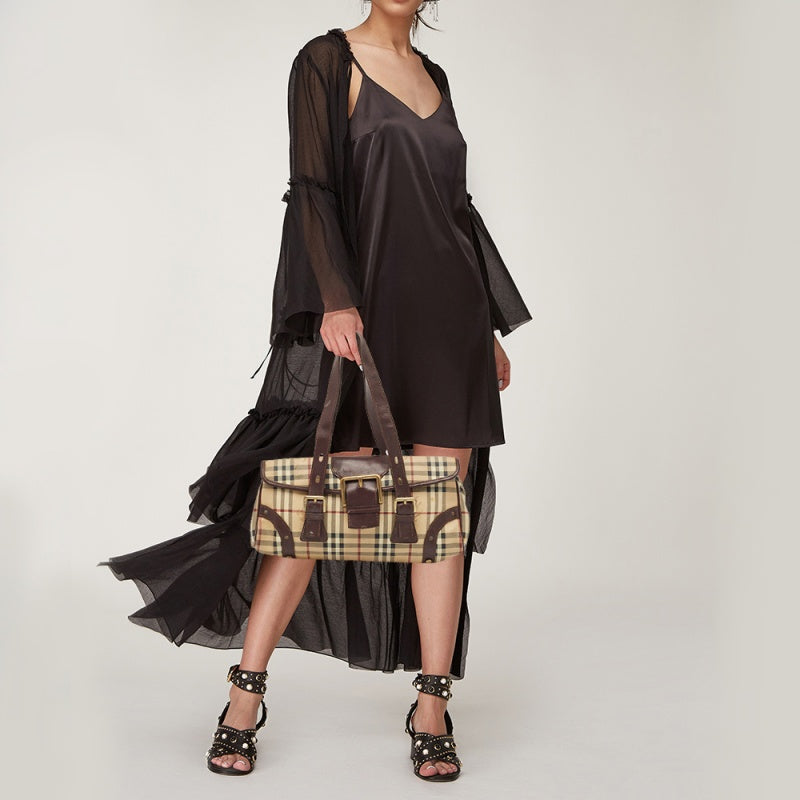 BURBERRY Brown/Beige House Check PVC and Leather Buckle Flap Bag