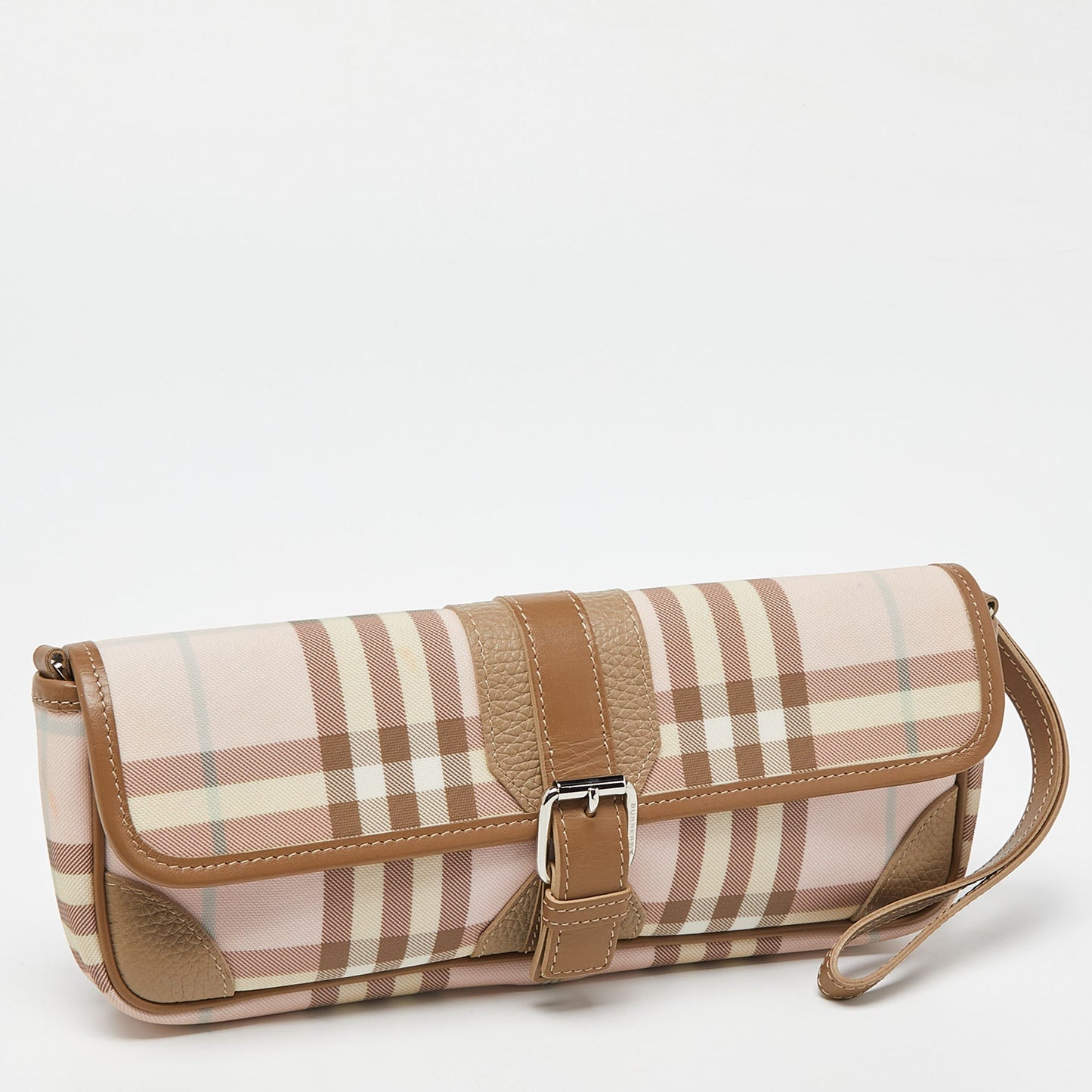 BURBERRY Pink/Beige House Check PVC and Leather Buckle Flap Wristlet Clutch