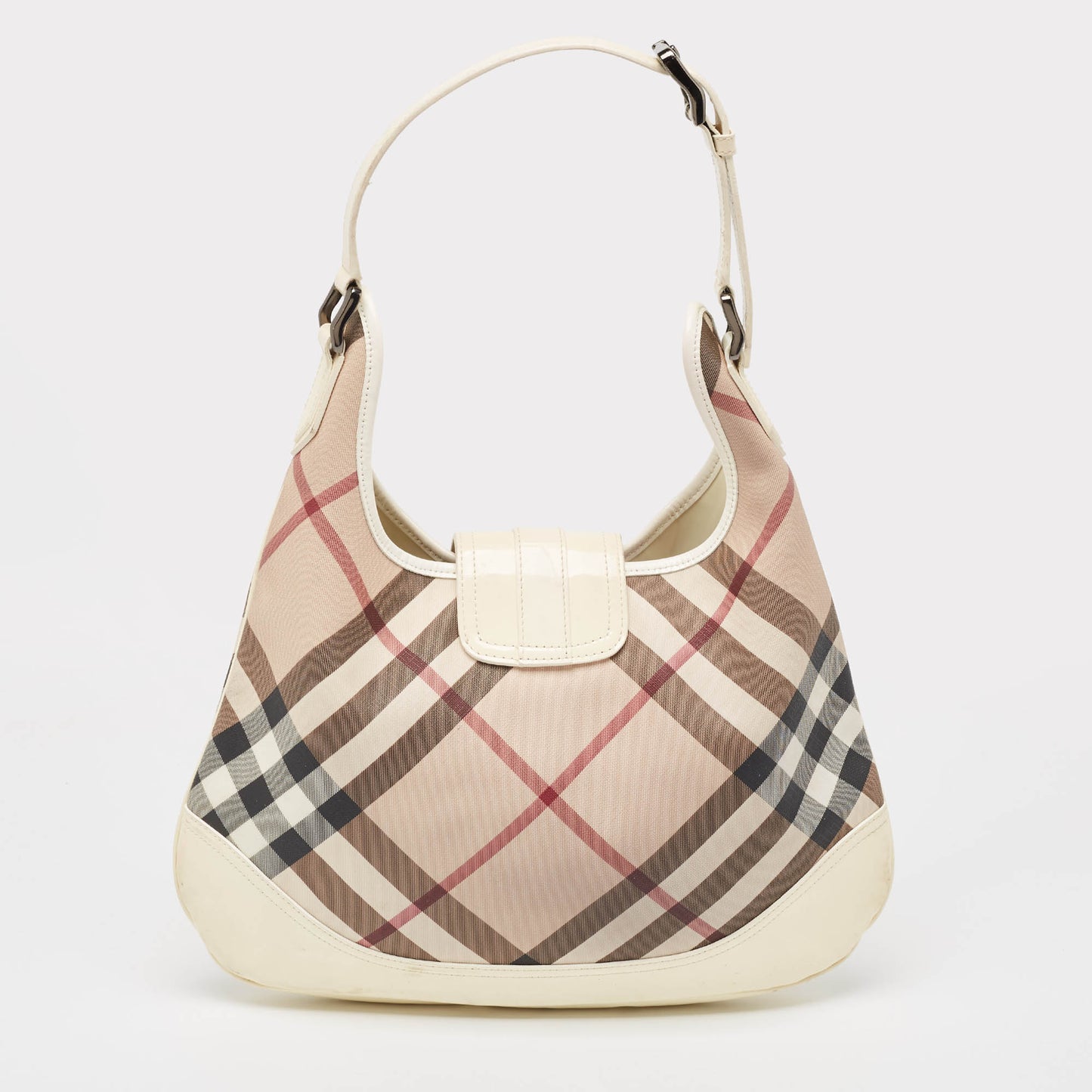 BURBERRY White/Beige Nova Check PVC and Patent Leather Brooke Hobo