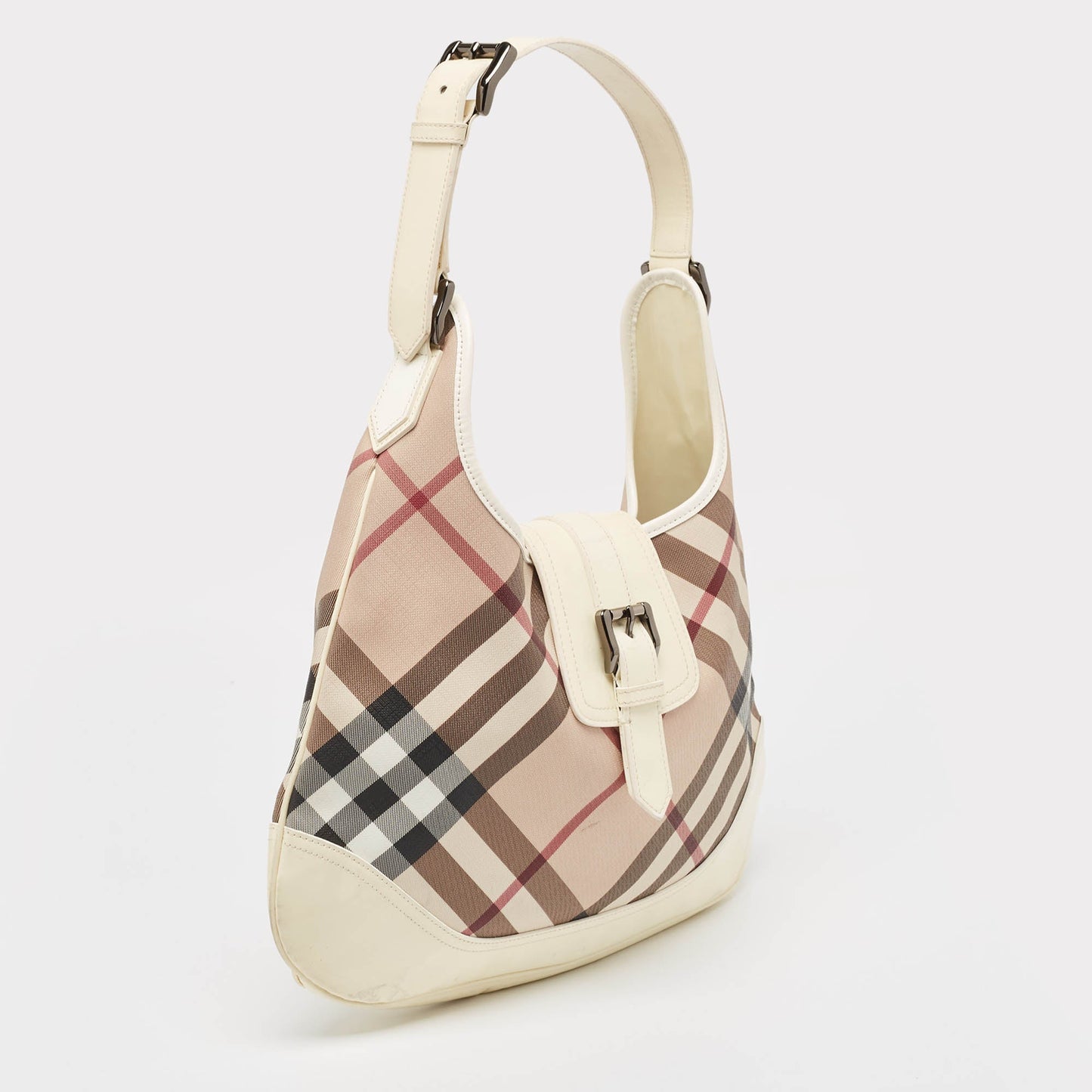 BURBERRY White/Beige Nova Check PVC and Patent Leather Brooke Hobo