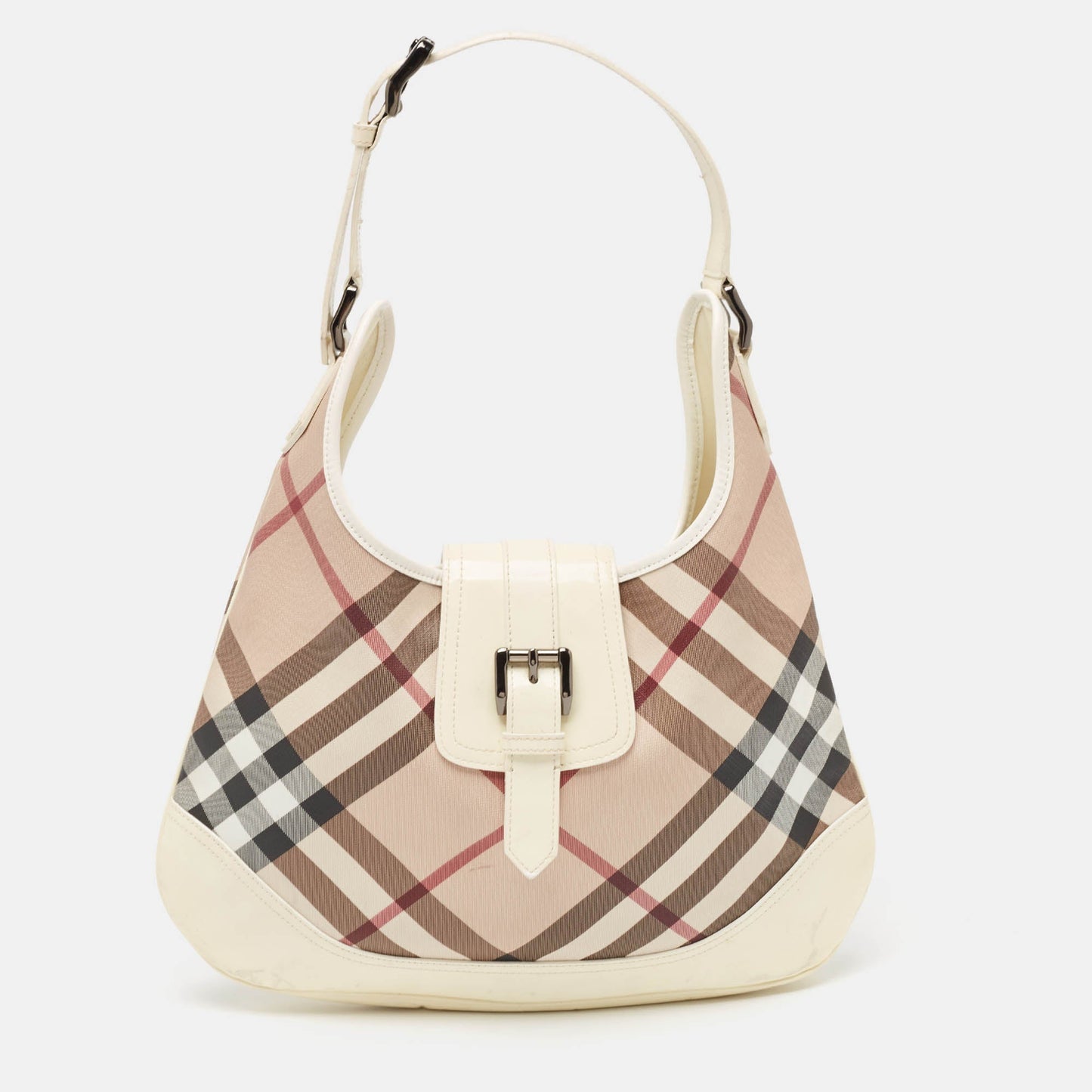 BURBERRY White/Beige Nova Check PVC and Patent Leather Brooke Hobo