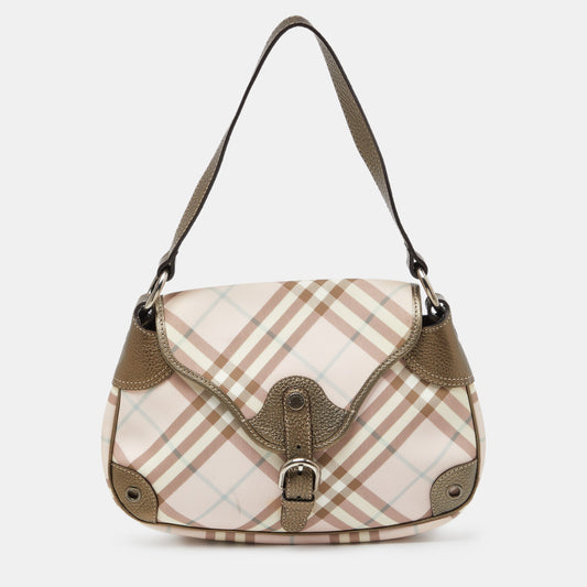 BURBERRY Pink/Metallic House Check PVC and Leather Buckle Flap Hobo