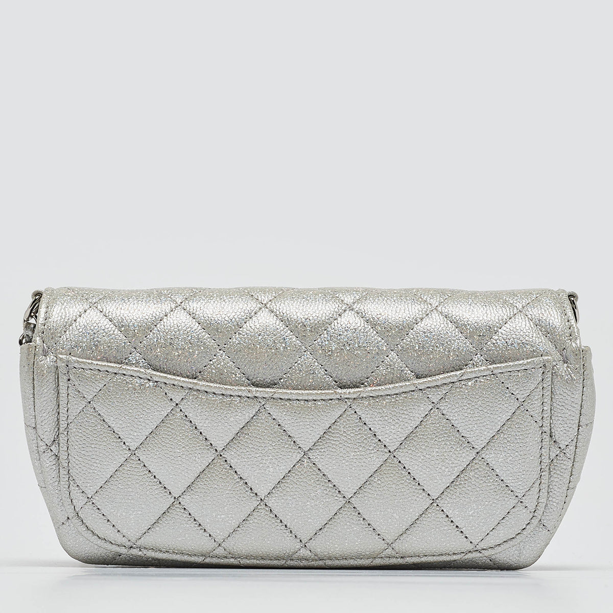 CHANEL Silver Iridescent Caviar Quilted Leather Glassed Case with Chain