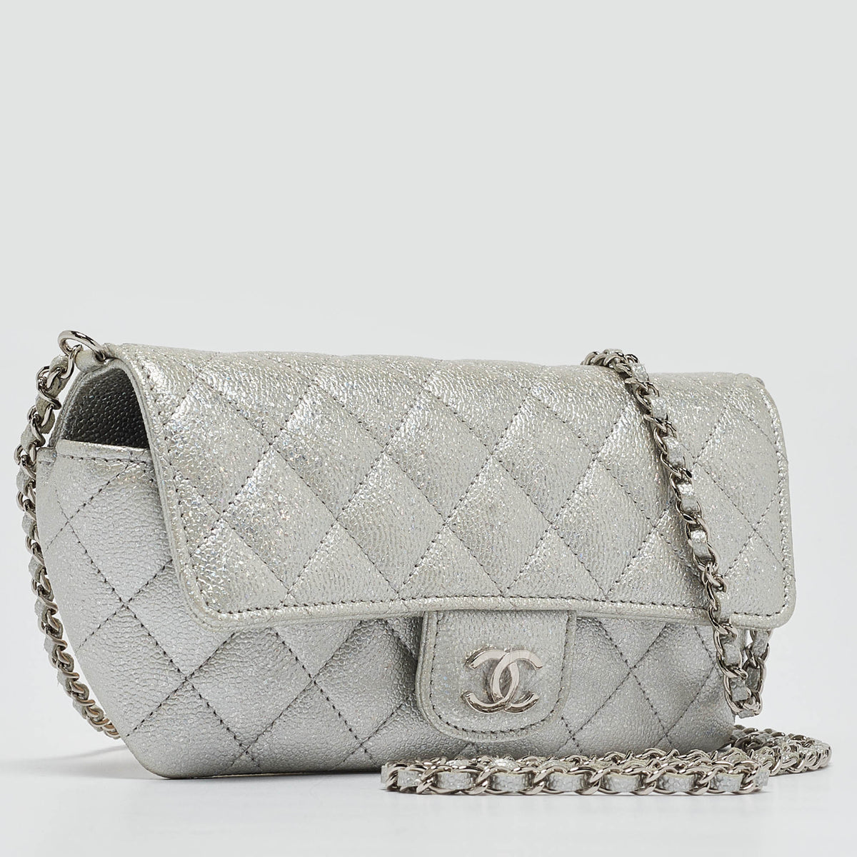 CHANEL Silver Iridescent Caviar Quilted Leather Glassed Case with Chain