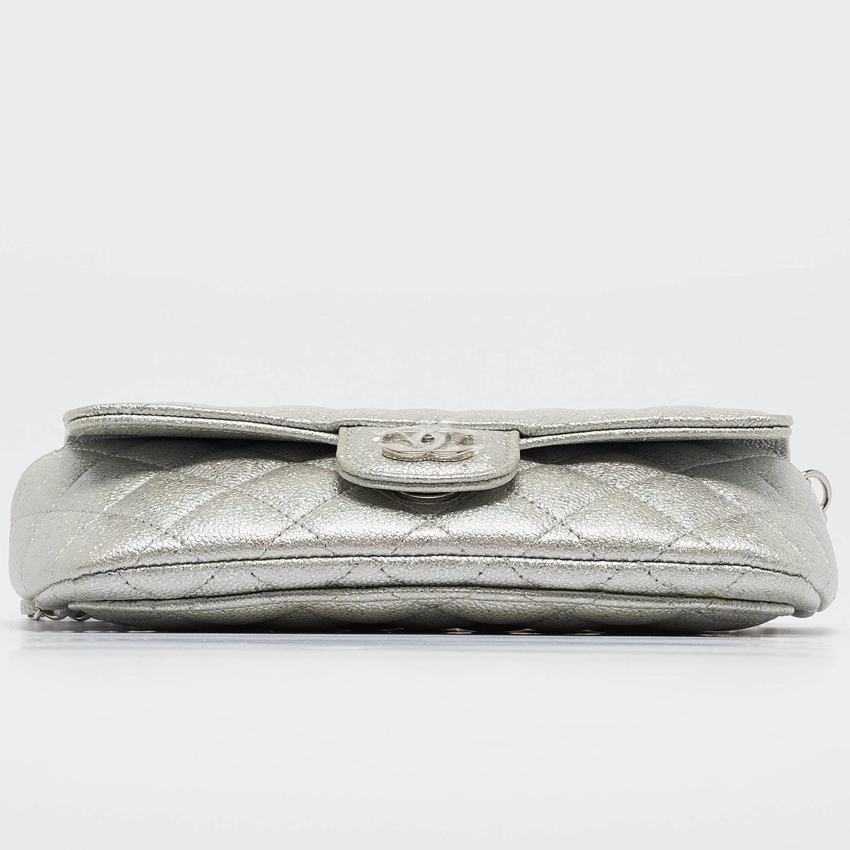 CHANEL Silver Iridescent Caviar Quilted Leather Glassed Case with Chain