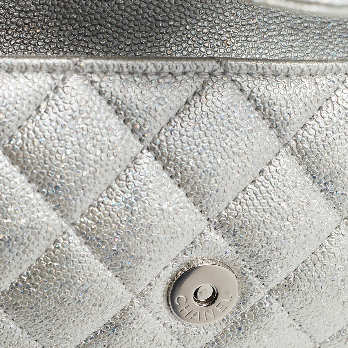 CHANEL Silver Iridescent Caviar Quilted Leather Glassed Case with Chain