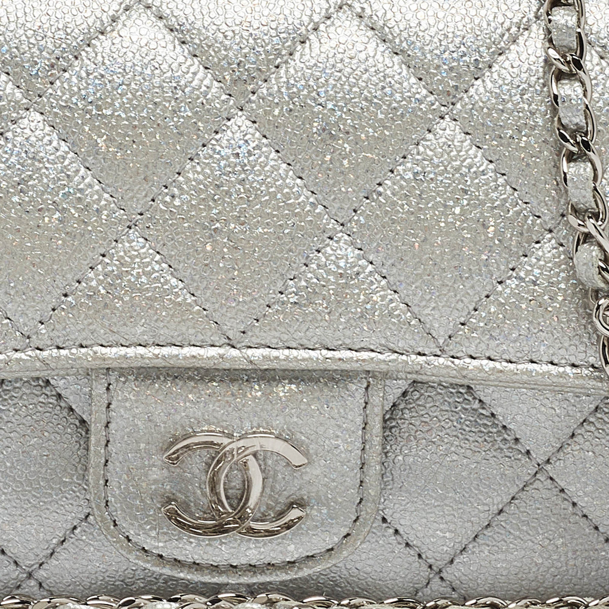 CHANEL Silver Iridescent Caviar Quilted Leather Glassed Case with Chain