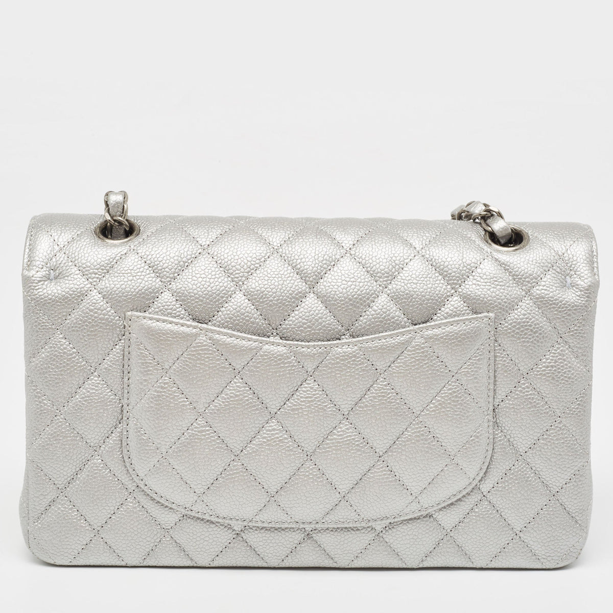 CHANEL Silver Quilted Caviar Leather Medium Classic Double Flap Bag