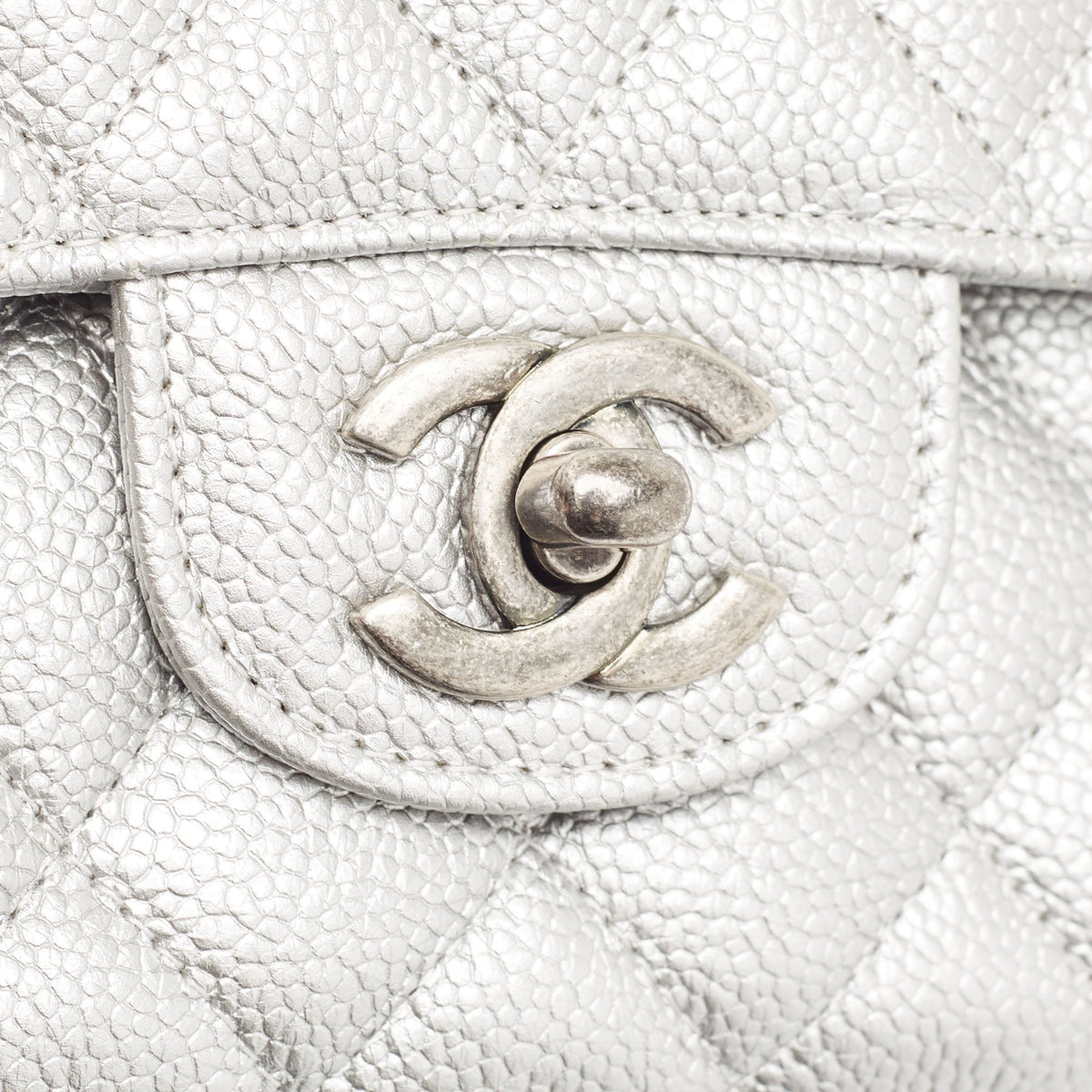 CHANEL Silver Quilted Caviar Leather Medium Classic Double Flap Bag