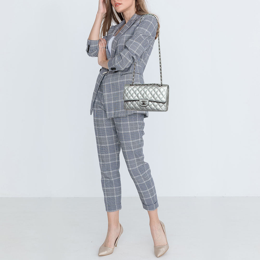 CHANEL Silver Quilted Caviar Leather Medium Classic Double Flap Bag