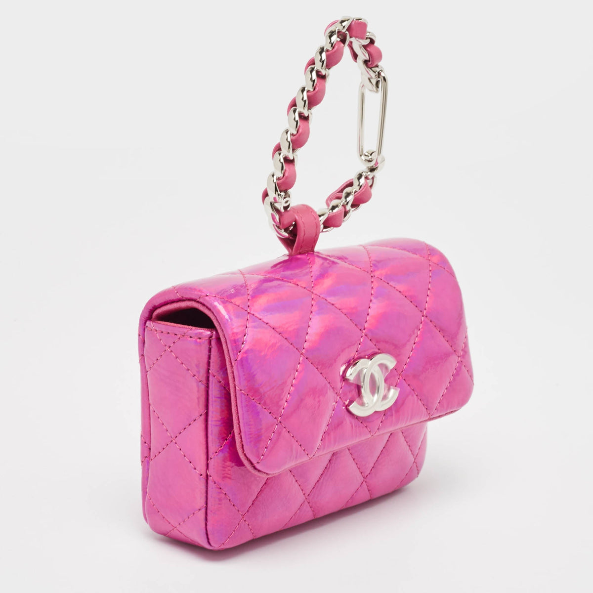 CHANEL Pink Iridescent Quilted Patent Leather CC Hook Card Holder