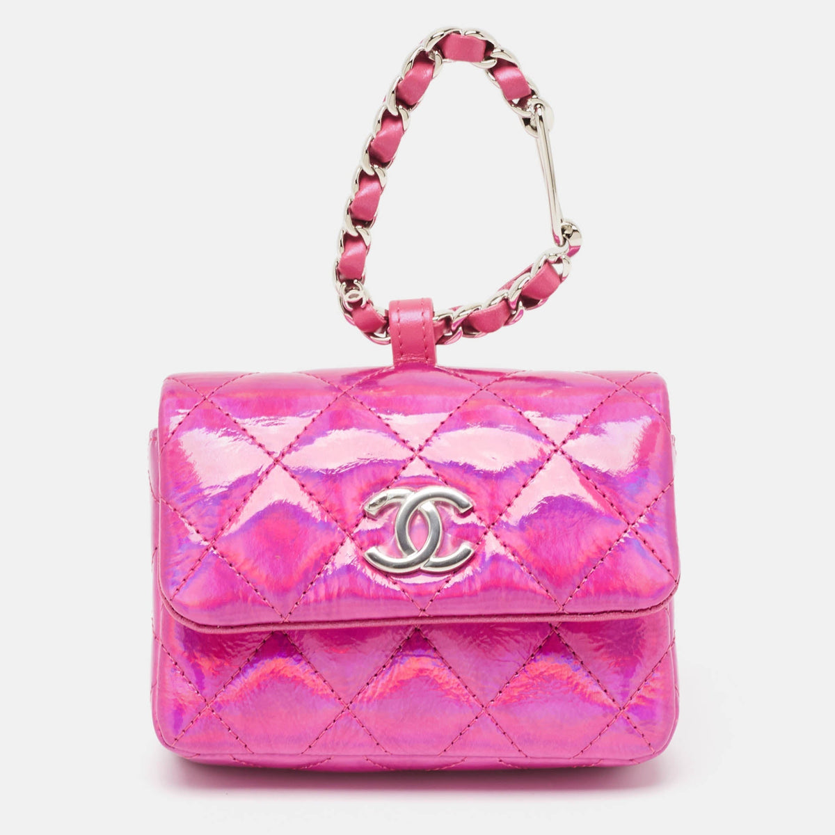CHANEL Pink Iridescent Quilted Patent Leather CC Hook Card Holder