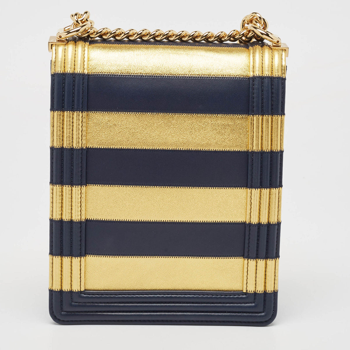 Top Quality Chanel Navy Blue/Gold Leather Paris-New York North/South Boy Bag
