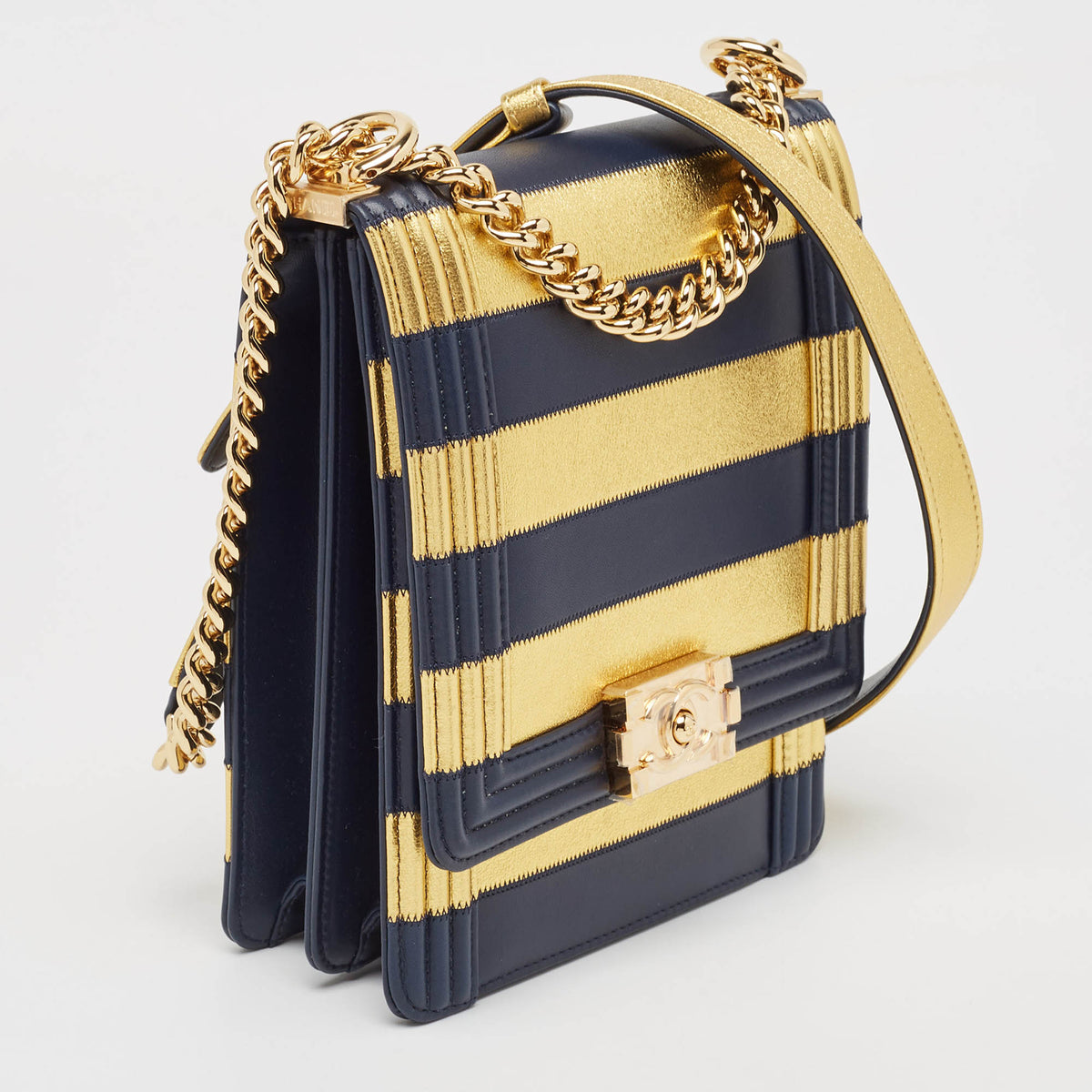 Top Quality Chanel Navy Blue/Gold Leather Paris-New York North/South Boy Bag
