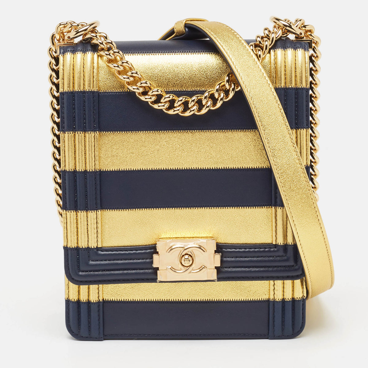 Top Quality Chanel Navy Blue/Gold Leather Paris-New York North/South Boy Bag