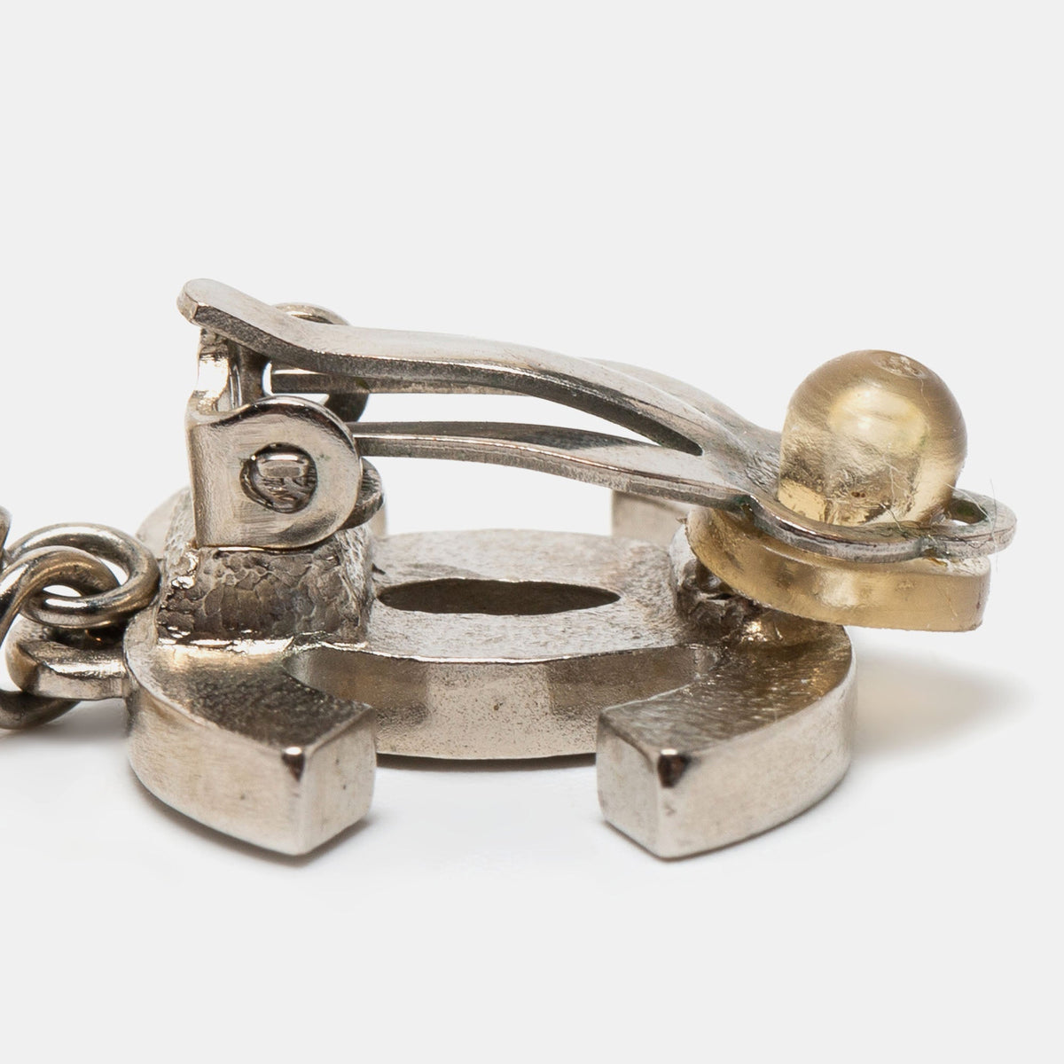 Chanel Silver Tone CC Quilt Faux Pearl Drop Earring