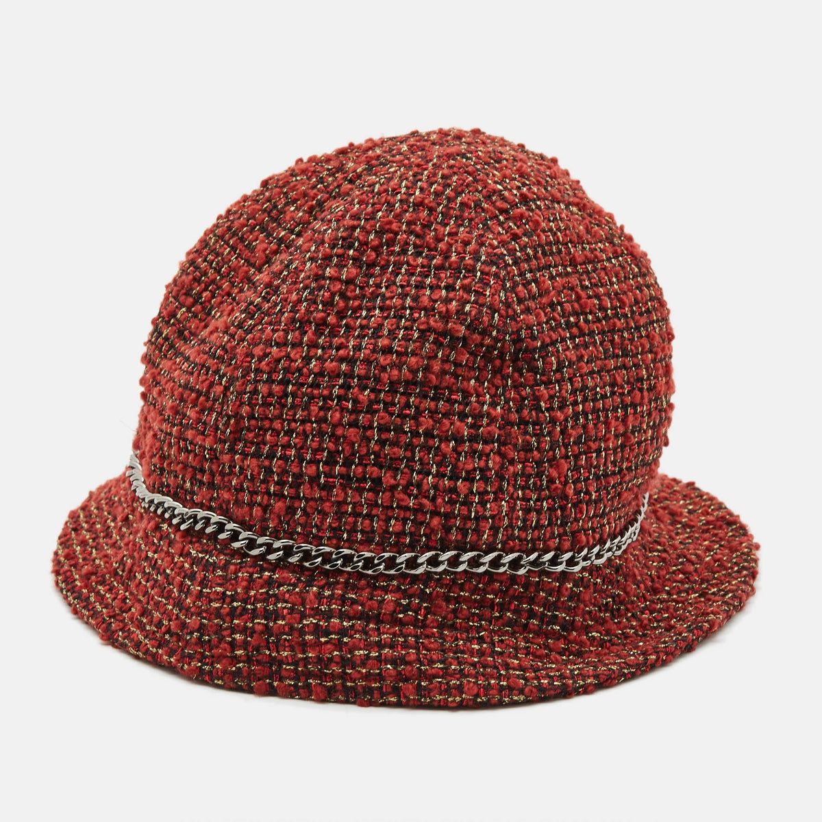 CHANEL Red Tweed Bucket Hat