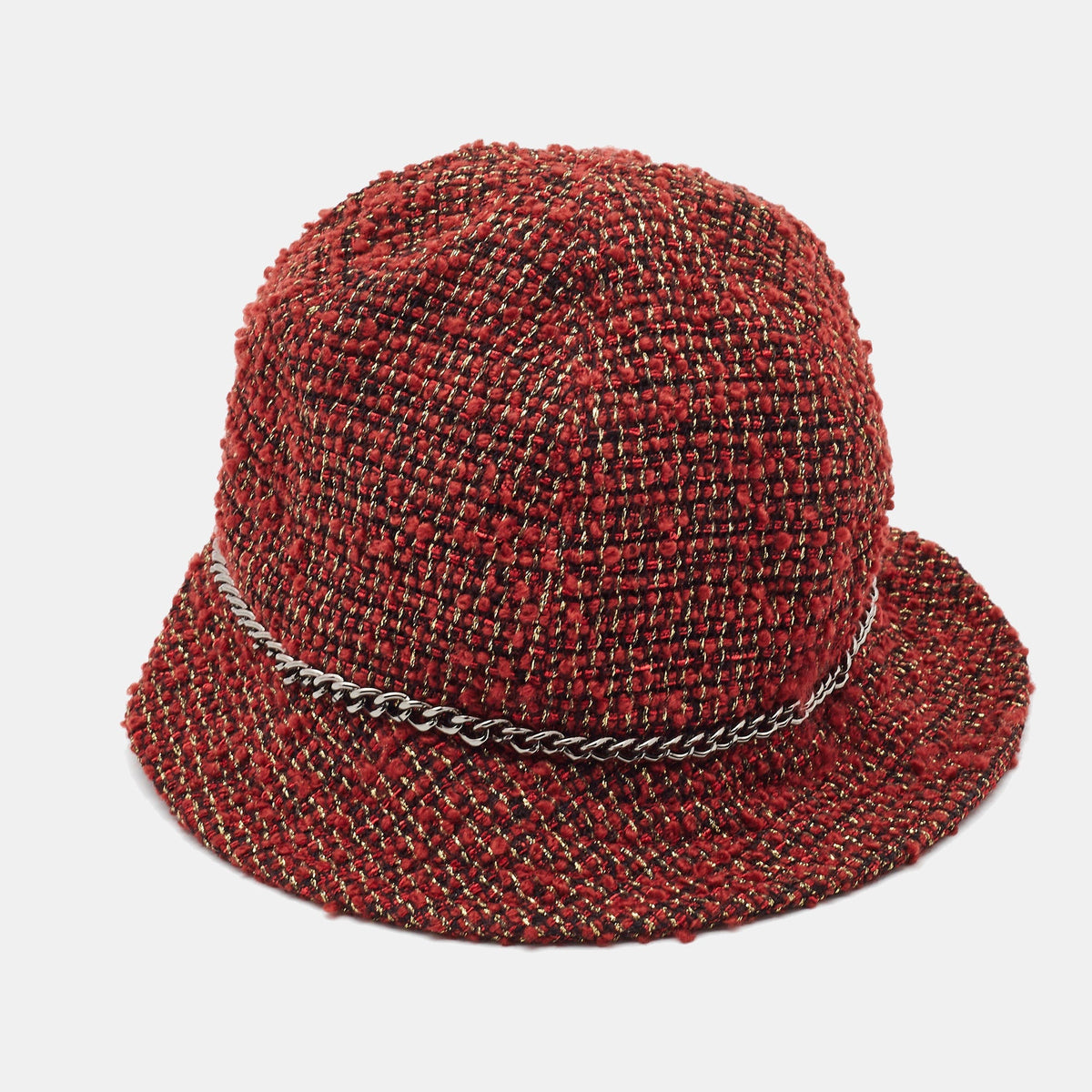 CHANEL Red Tweed Bucket Hat
