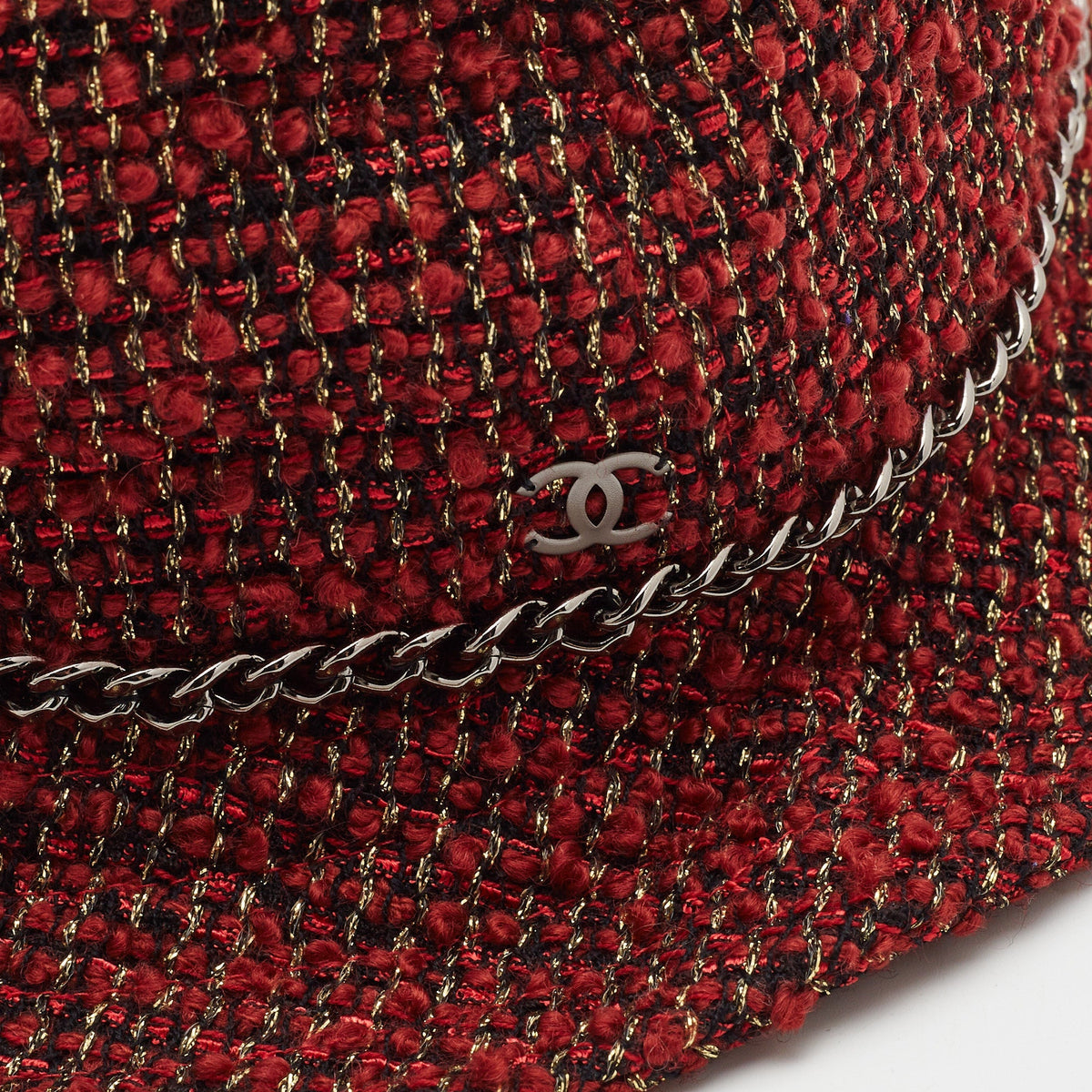 CHANEL Red Tweed Bucket Hat