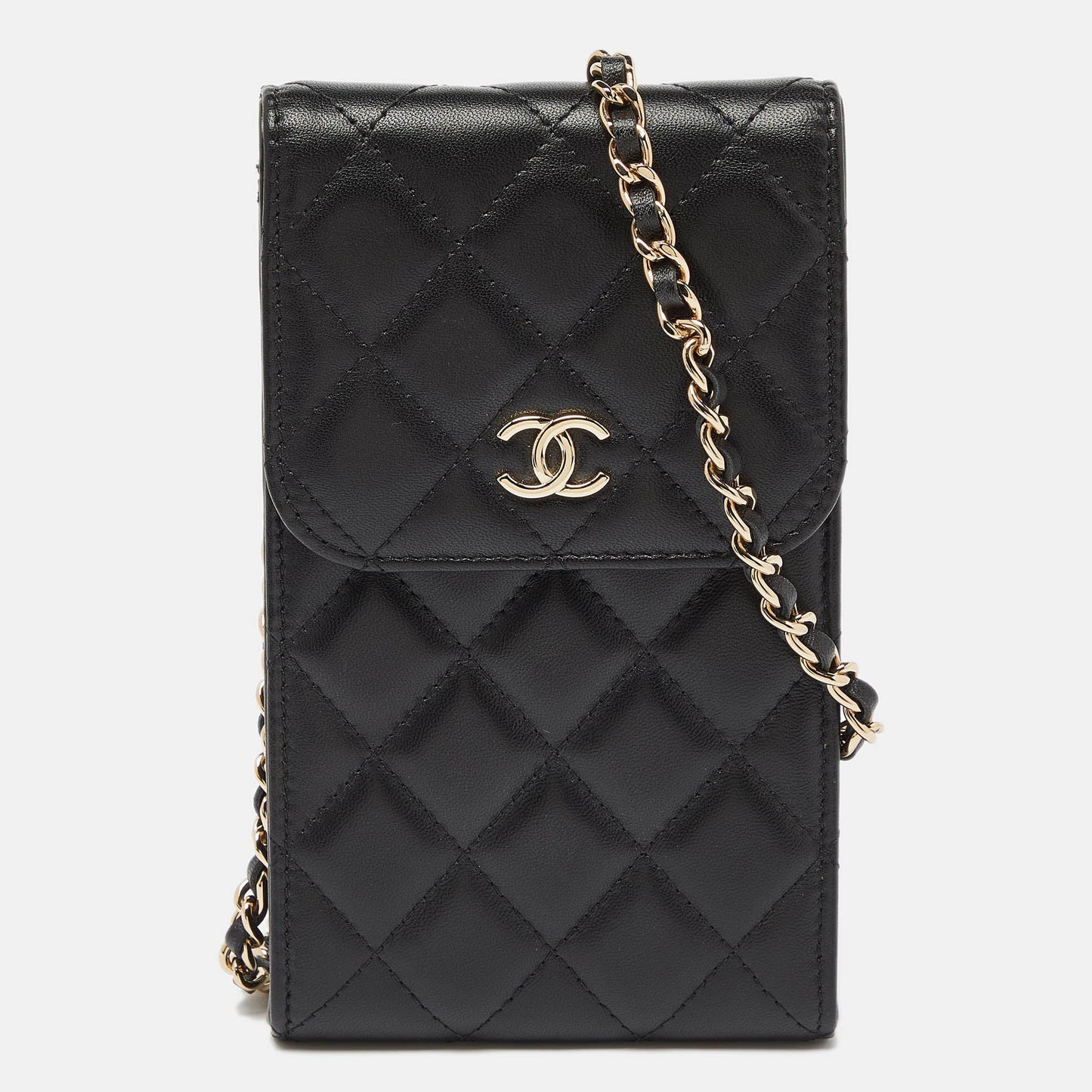 CHANEL Black Quilted Leather Phone Holder Crossbody Bag