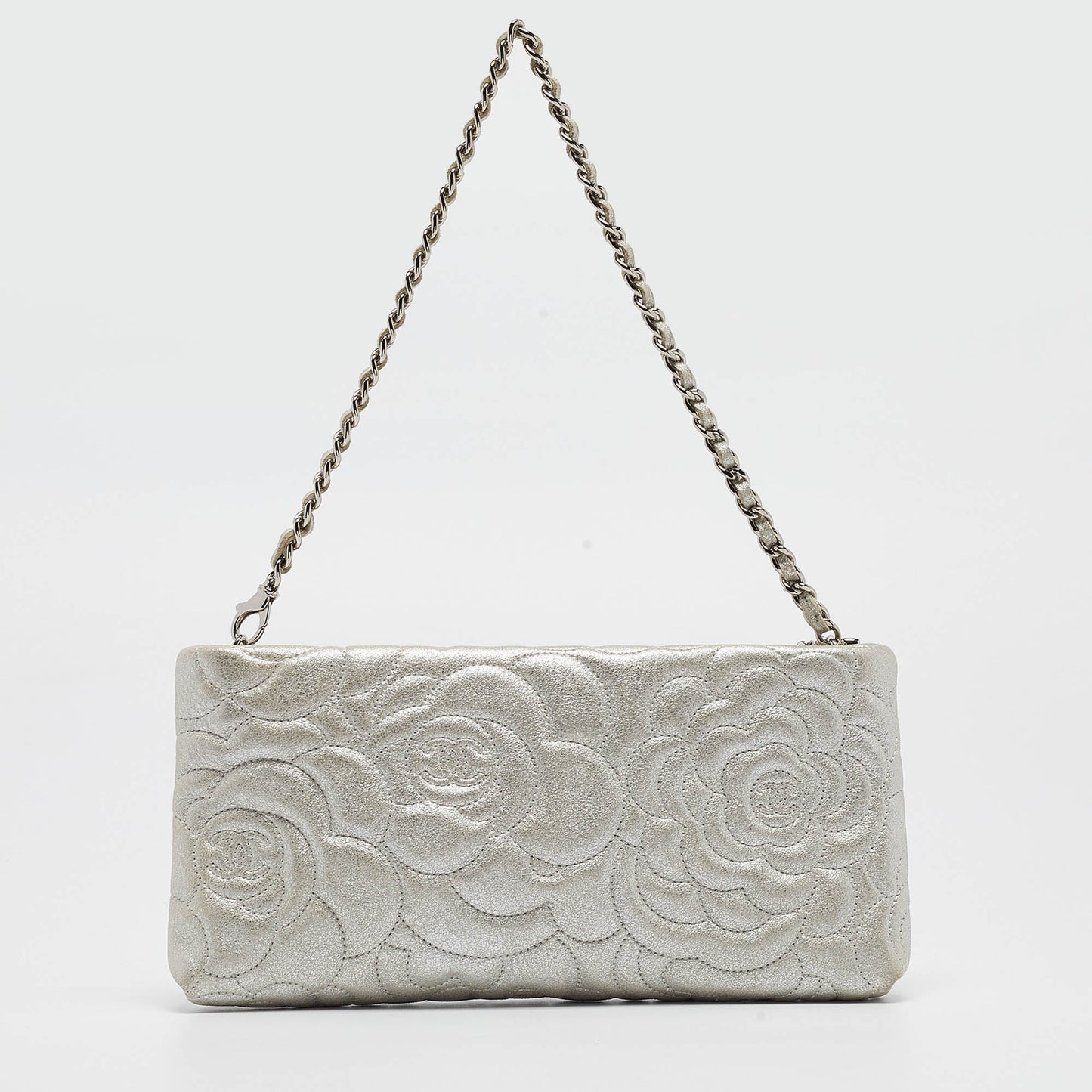 CHANEL Grey Shimmer Nubuck Leather Camelia Embossed Chain Clutch