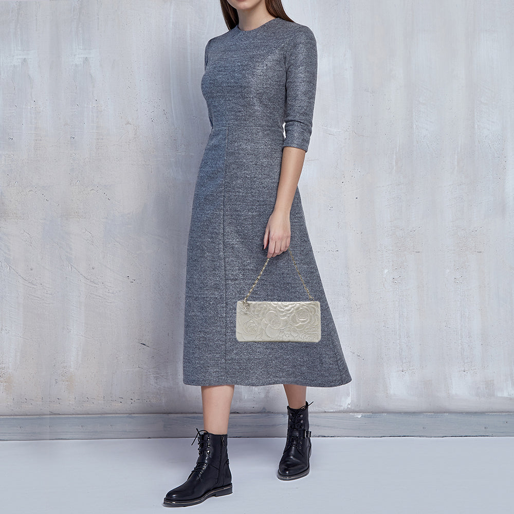 CHANEL Grey Shimmer Nubuck Leather Camelia Embossed Chain Clutch