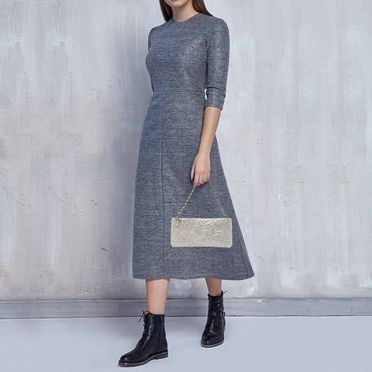 CHANEL Grey Shimmer Nubuck Leather Camelia Embossed Chain Clutch