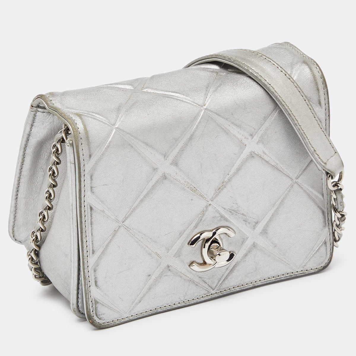 CHANEL Silver Leather Mini Propeller Flap Bag