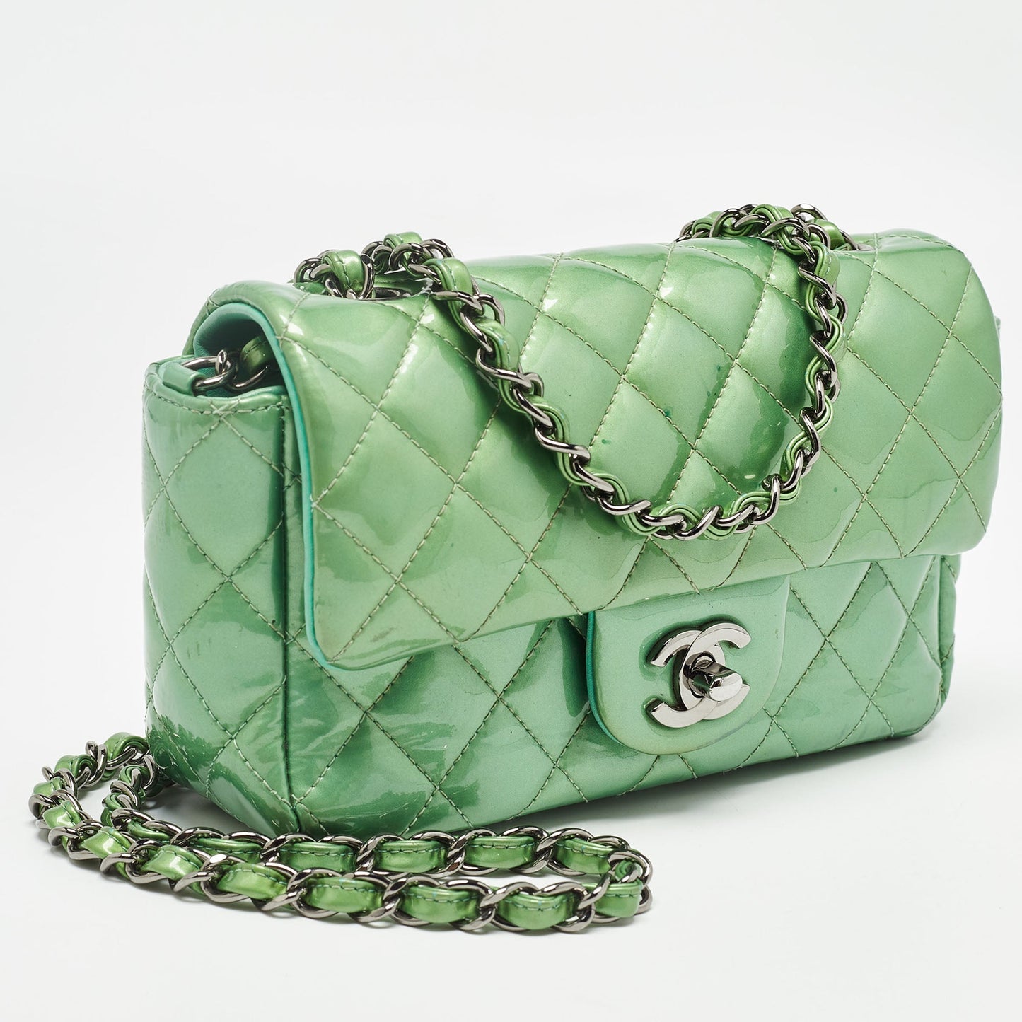 CHANEL Green Quilted Patent Leather New Mini Classic Flap Bag