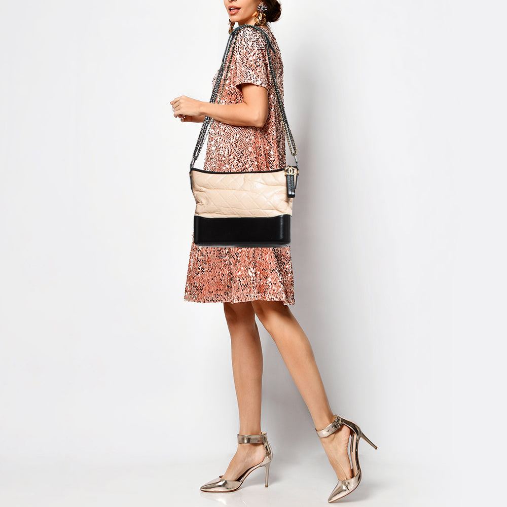 CHANEL Peach/Black Quilted Aged Leather Medium Gabrielle Bag