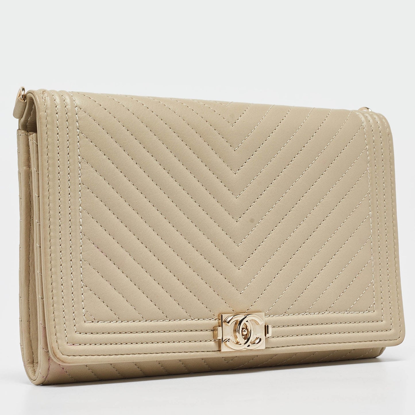 CHANEL Cream Quilted Leather Boy Wallet On Chain