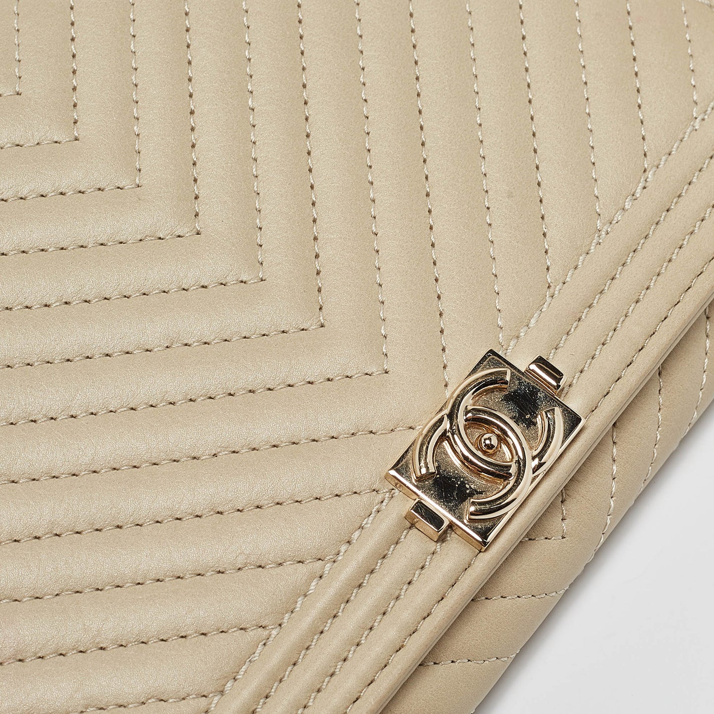 CHANEL Cream Quilted Leather Boy Wallet On Chain