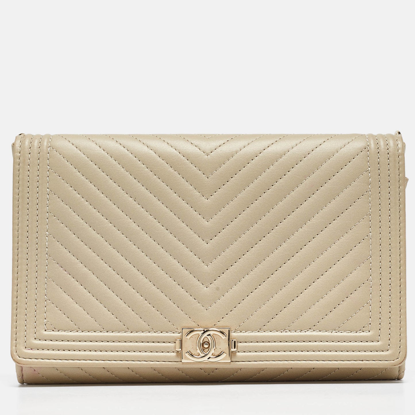 CHANEL Cream Quilted Leather Boy Wallet On Chain