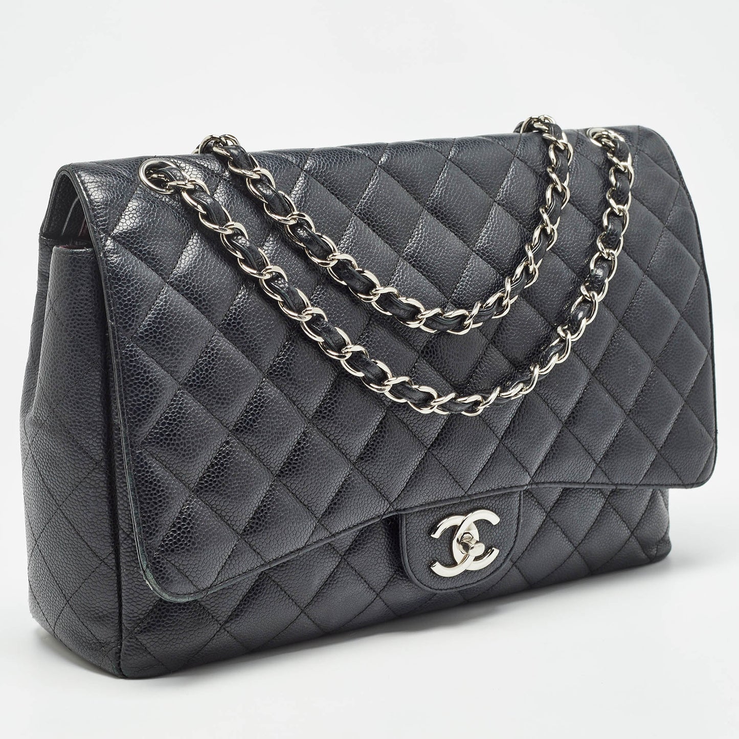 CHANEL Black Quilted Caviar Leather Maxi Classic Double Flap Bag
