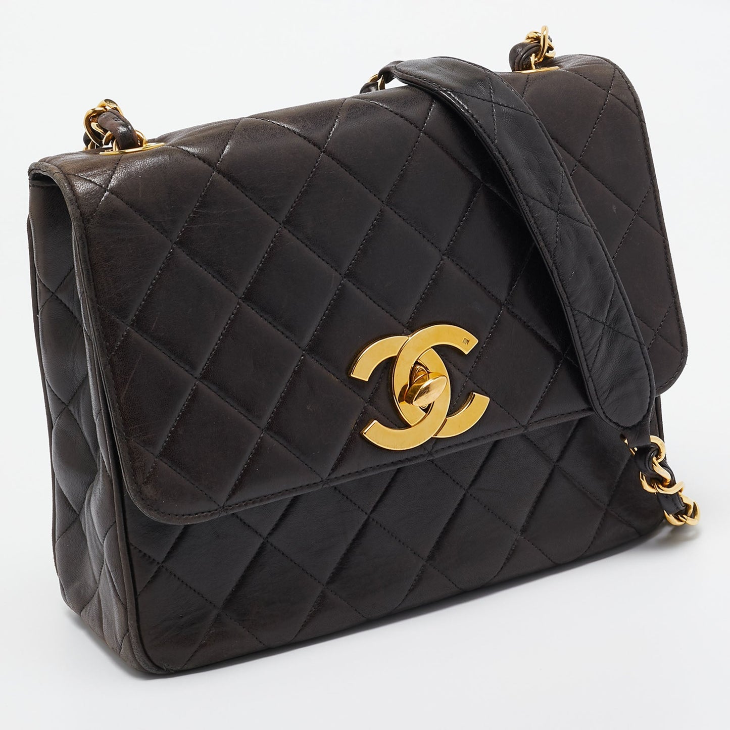CHANEL Black Quilted Leather CC Square Flap Chain Bag